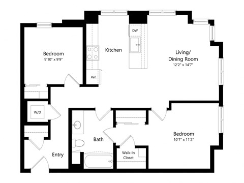 Floor plan for 2 beds, 1 bath, 974 sqft